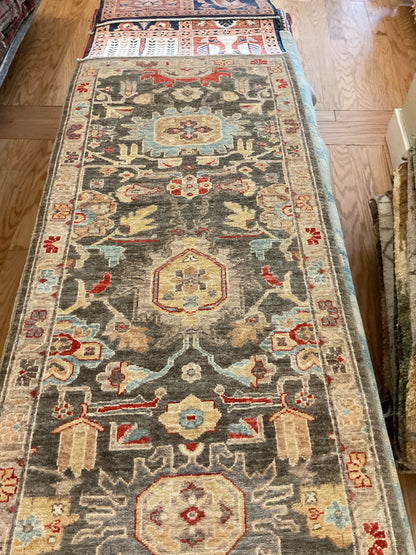 Afghan Karajh Runner, 2'6" x 6', in baby blue, beige, charcoal and red