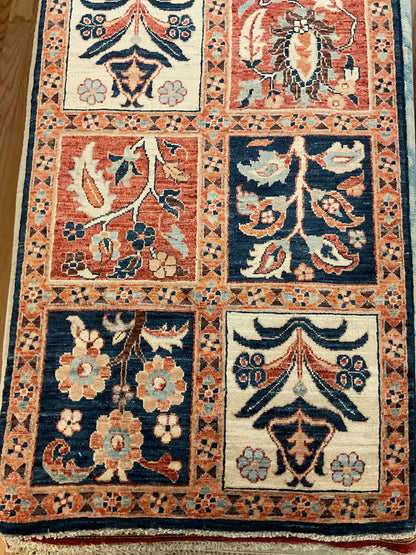 Afghan Baktarie Runner, 2'6" x 9'3", in ivory, navy, rust and salmon