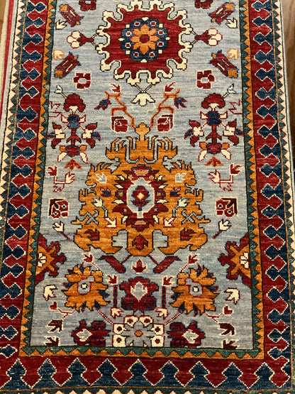 Afghan Baktarie Runner, 2'6" x 8', in baby blue, gold, navy and red