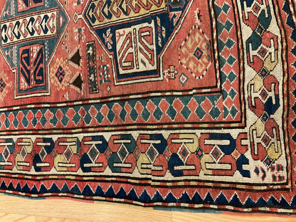 Antique Russian Kazak Rug, 4'8" x 7'7", in brick, ivory, navy and teal - photo 2