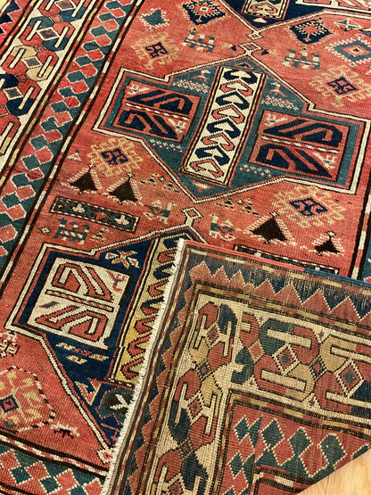 Antique Russian Kazak Rug, 4'8" x 7'7", in brick, ivory, navy and teal - photo 3
